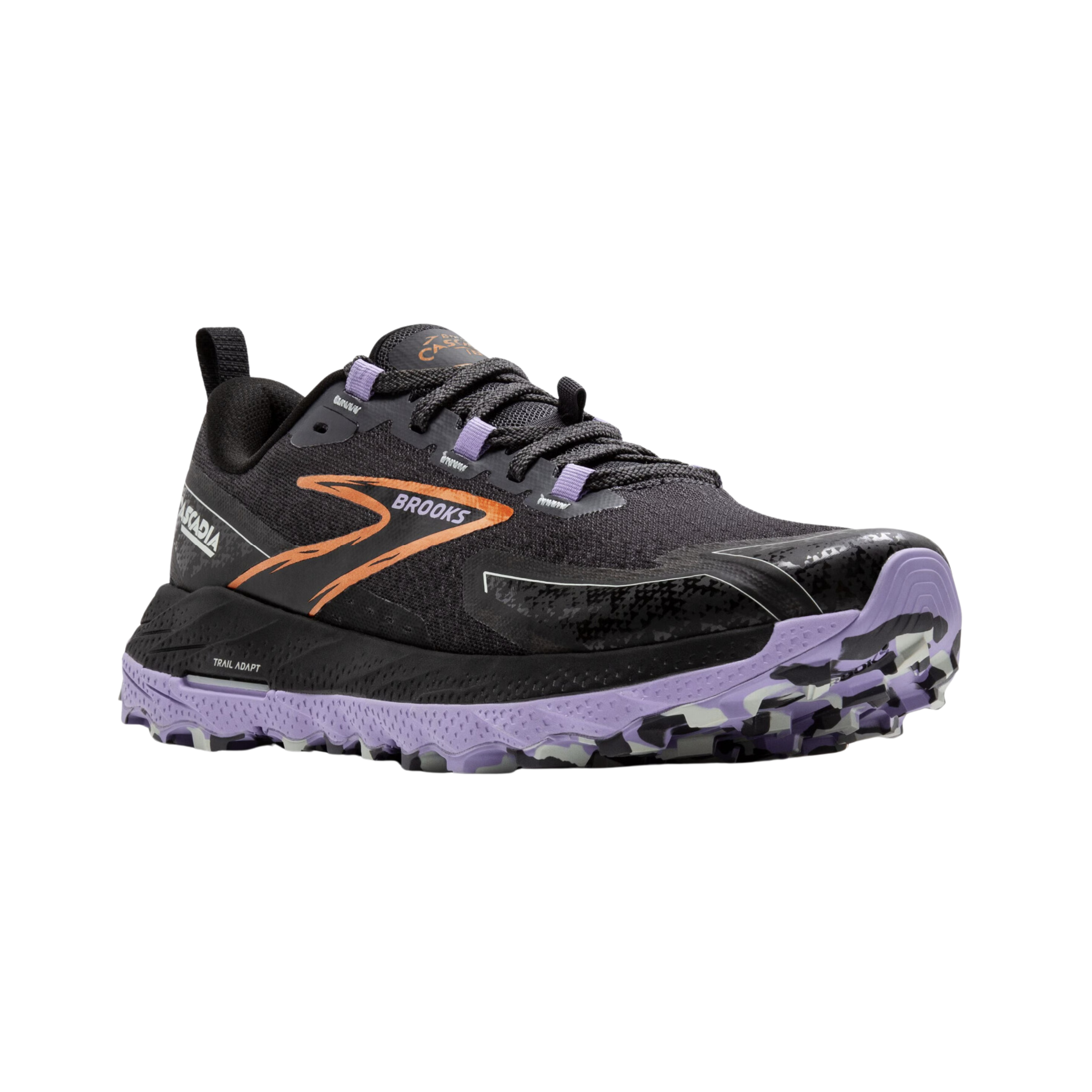 Angled view of Women’s Brooks Cascadia 18 trail running shoe in black, purple, and orange – featuring waterproof upper membrane, reinforced toe cap for protection, and responsive cushioning for rugged trail support.
