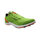 Side view of Men’s Brooks Draft XC track spike in green, orange, and white – featuring breathable mesh upper, aggressive spike plate for maximum traction, cushioned midsole for impact absorption, and snug fit for cross-country racing.