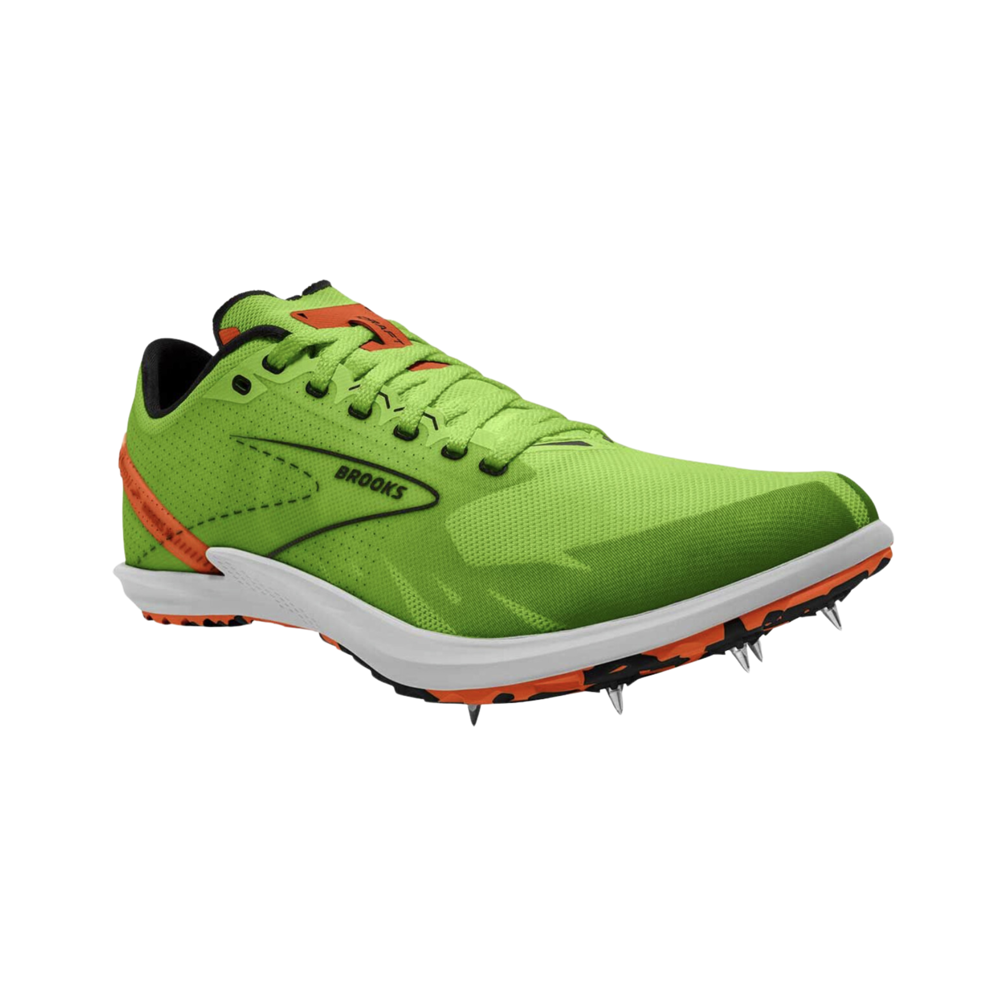 Side view of Men’s Brooks Draft XC track spike in green, orange, and white – featuring breathable mesh upper, aggressive spike plate for maximum traction, cushioned midsole for impact absorption, and snug fit for cross-country racing.