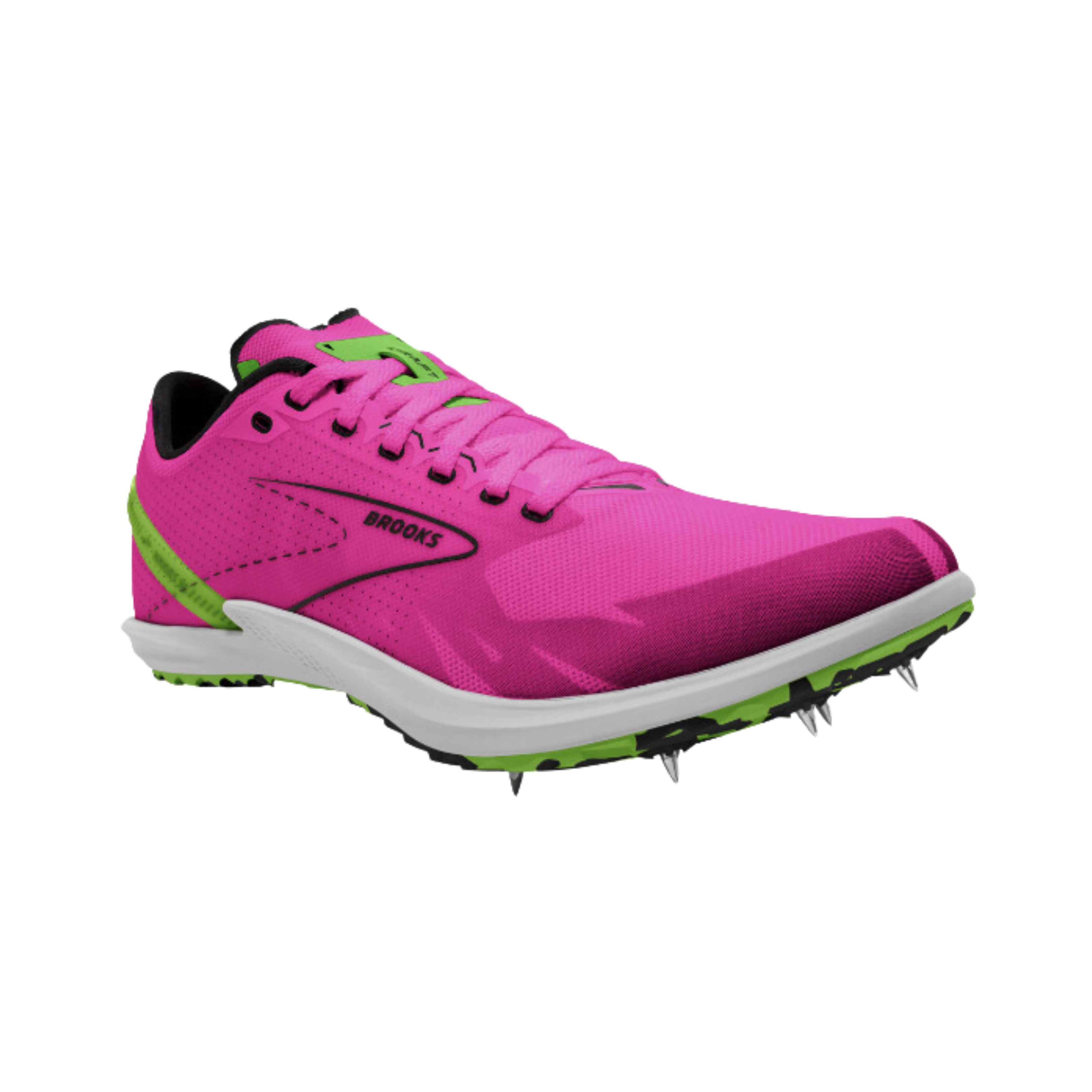 Side view of Women’s Brooks Draft XC track spike in pink, green, and white – featuring lightweight breathable mesh upper, aggressive spike plate for superior traction, cushioned midsole for impact absorption, and secure lace-up closure for a snug fit.