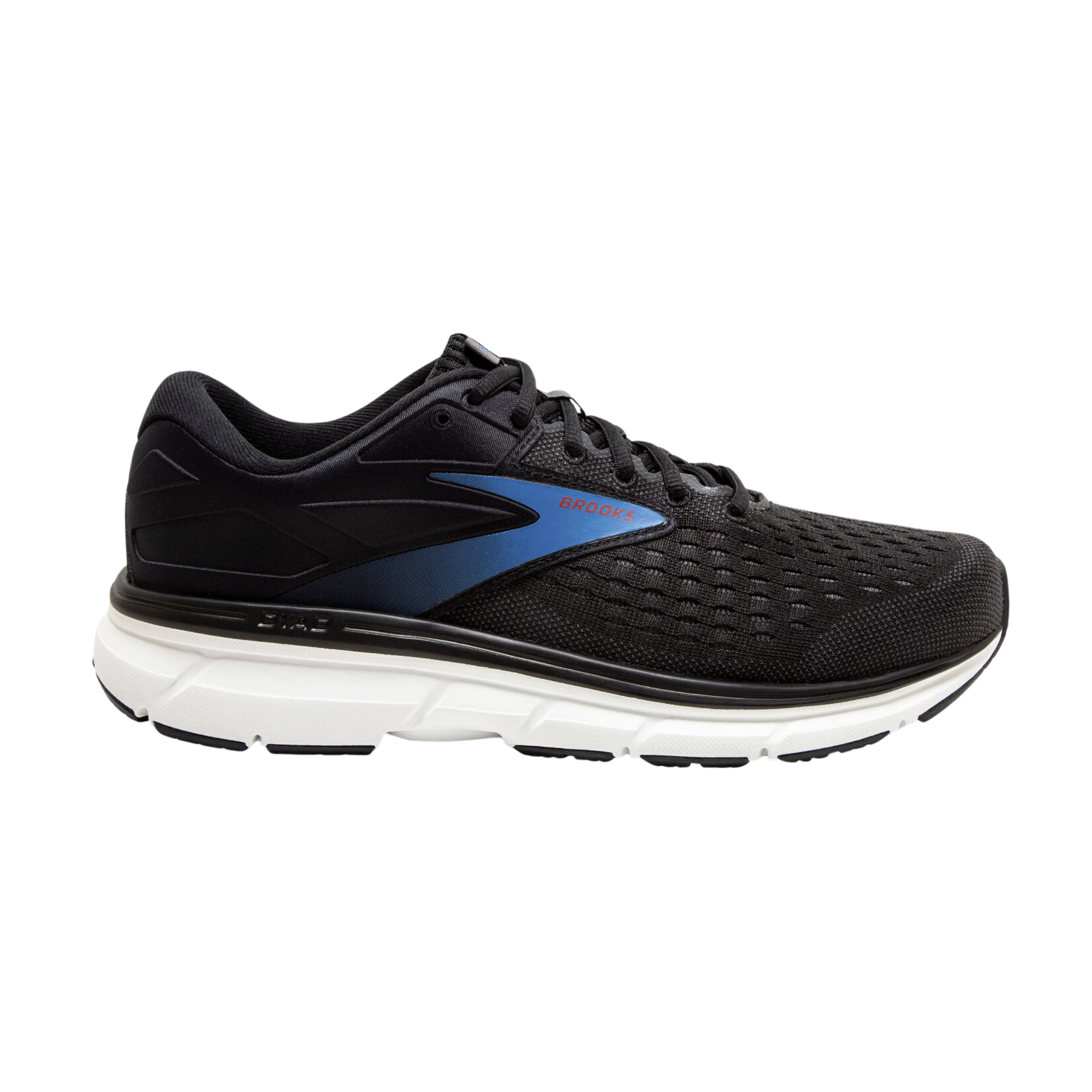 Side view of Men's Brooks Dyad 11 athletic shoe in black, blue, and white – featuring supportive fit, breathable upper, and cushioned midsole.