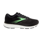 Side view of Women’s Brooks Dyad 11 athletic shoe in black, green, and white – featuring enhanced arch support, dual-density midsole for shock absorption, and mesh upper for breathability and flexibility.