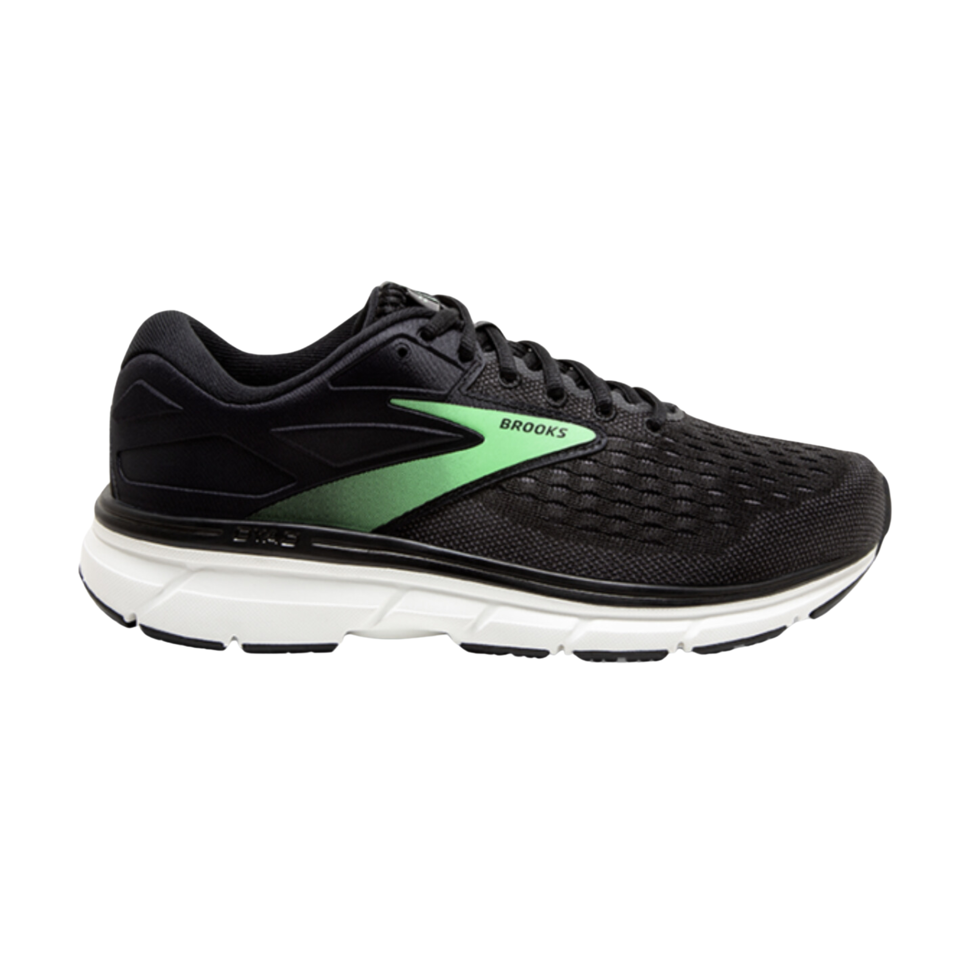 Side view of Women’s Brooks Dyad 11 athletic shoe in black, green, and white – featuring enhanced arch support, dual-density midsole for shock absorption, and mesh upper for breathability and flexibility.
