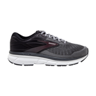 Side view of Men's Brooks Dyad 11 athletic shoe in black, grey, red, and white – featuring enhanced stability, lightweight design, and versatile colorway.