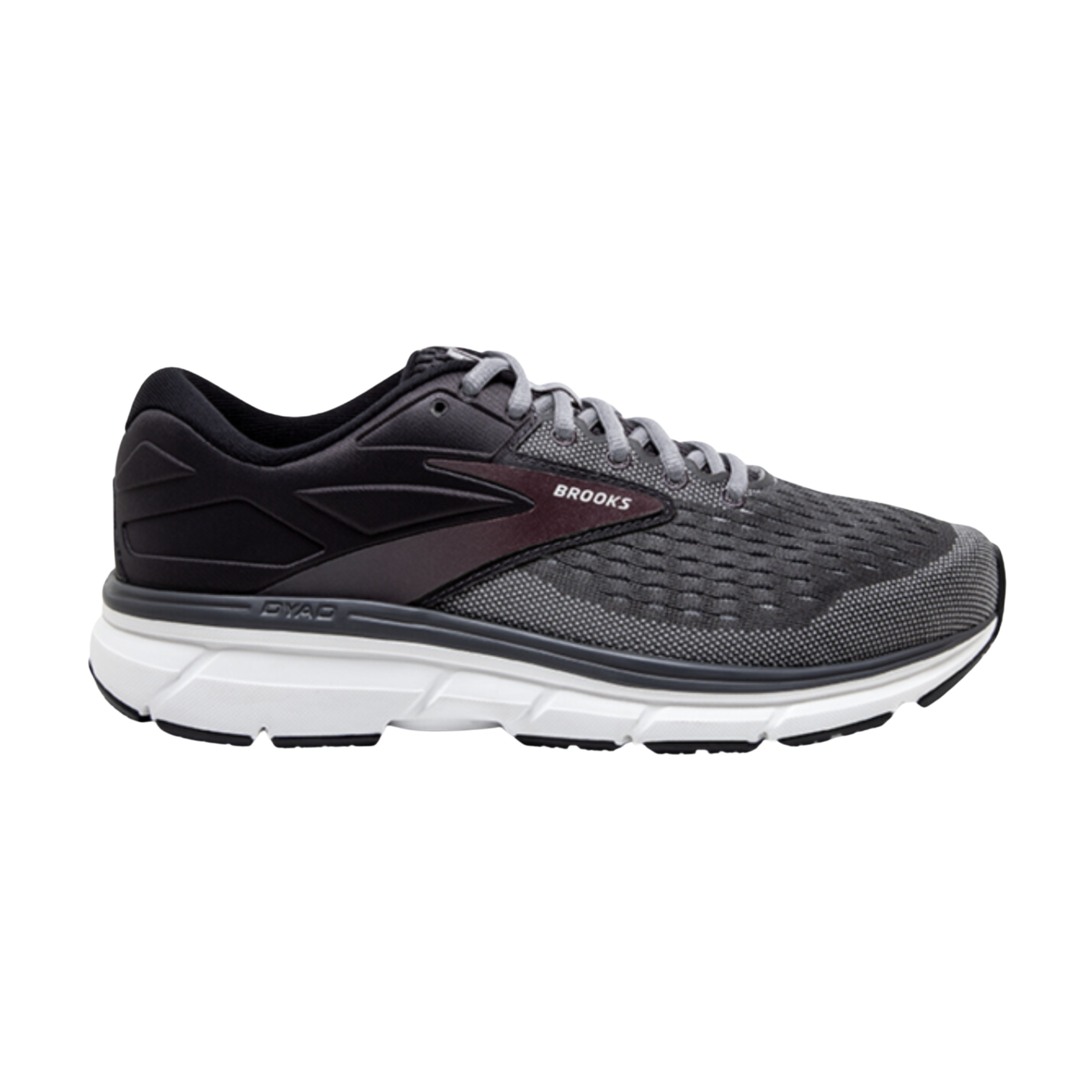Side view of Men's Brooks Dyad 11 athletic shoe in black, grey, red, and white – featuring enhanced stability, lightweight design, and versatile colorway.