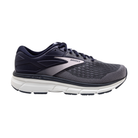 Side view of Women’s Brooks Dyad 11 athletic shoe in navy, light purple, and white – featuring dual-density cushioning for stability, breathable engineered mesh upper, and durable outsole for support and traction.