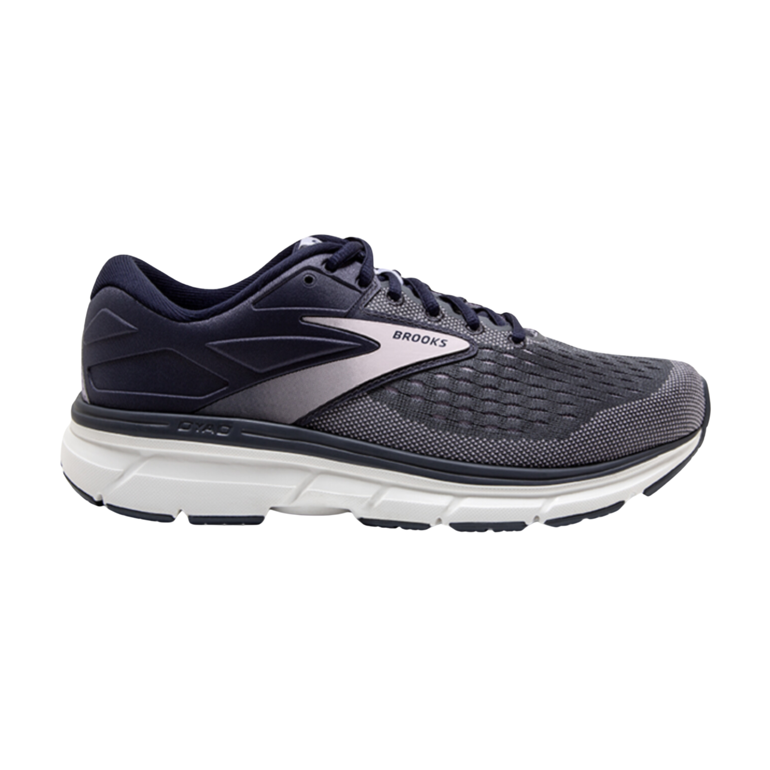 Side view of Women’s Brooks Dyad 11 athletic shoe in navy, light purple, and white – featuring dual-density cushioning for stability, breathable engineered mesh upper, and durable outsole for support and traction.