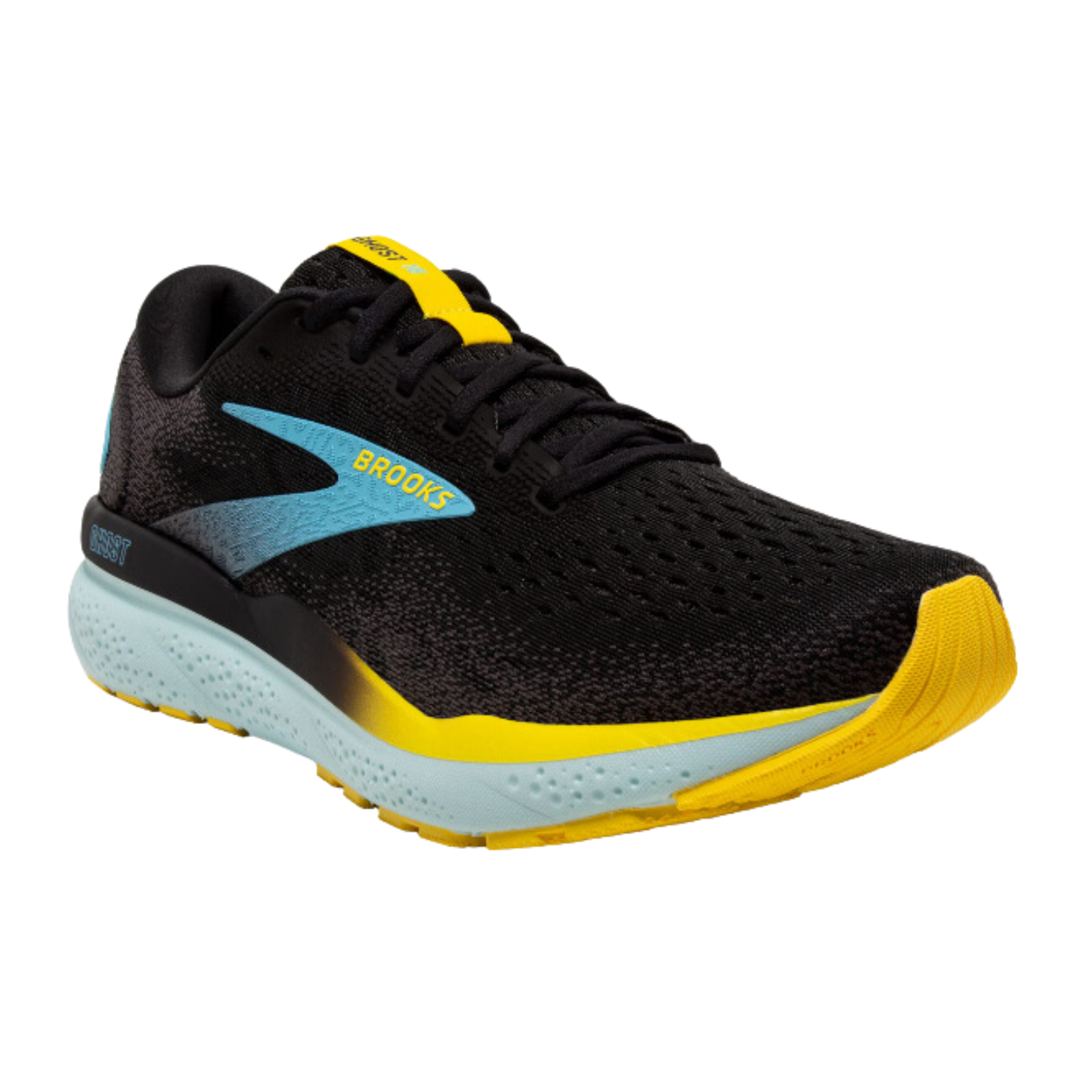 Angled view of Men’s Brooks Ghost 16 athletic shoe in black, yellow, and light blue – featuring DNA Loft cushioning, breathable mesh upper, and stable outsole.