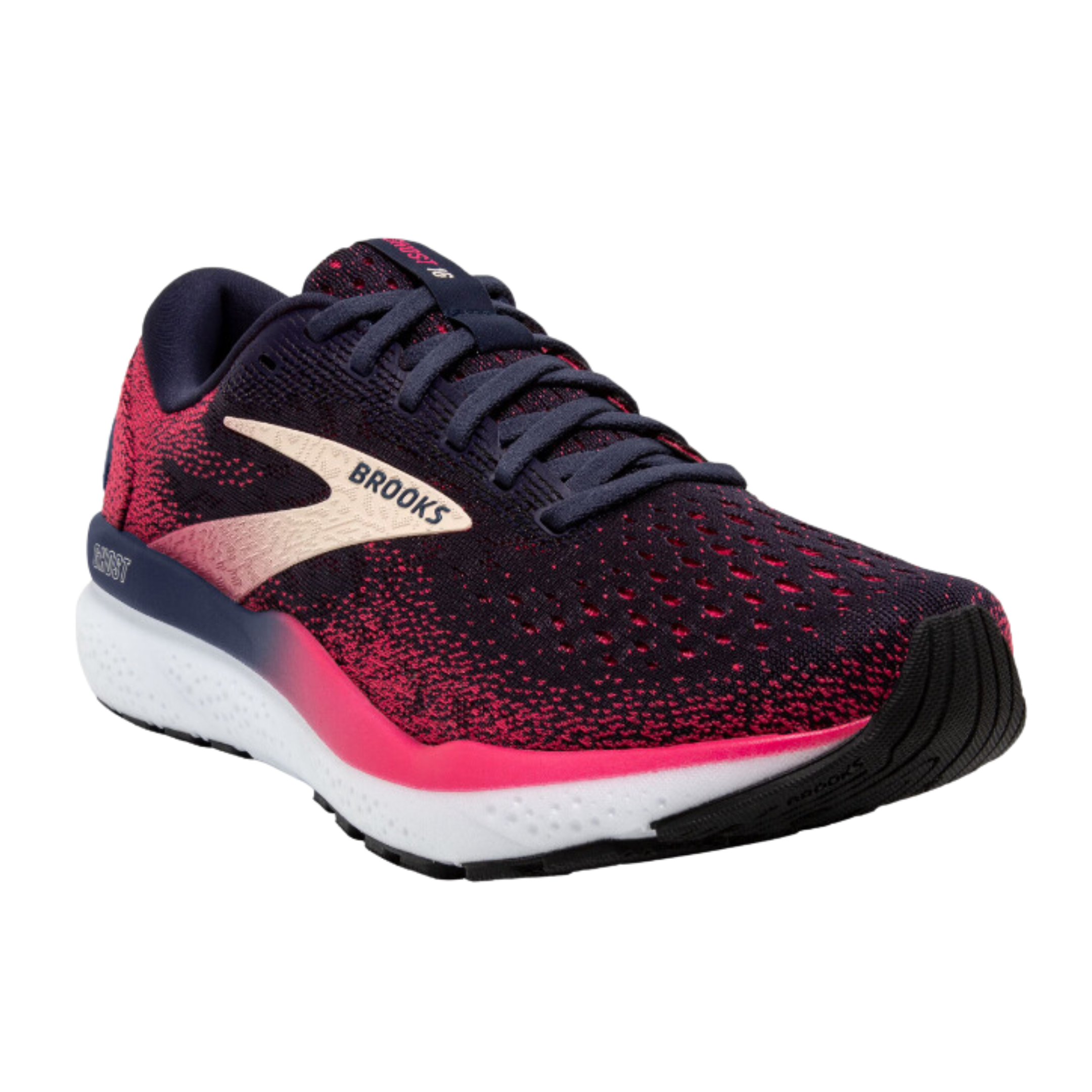 Angled view of Women’s Brooks Ghost 16 athletic shoe in navy, pink, black, and white – featuring updated cushioning technology, engineered mesh for airflow, and supportive midsole for smooth strides.