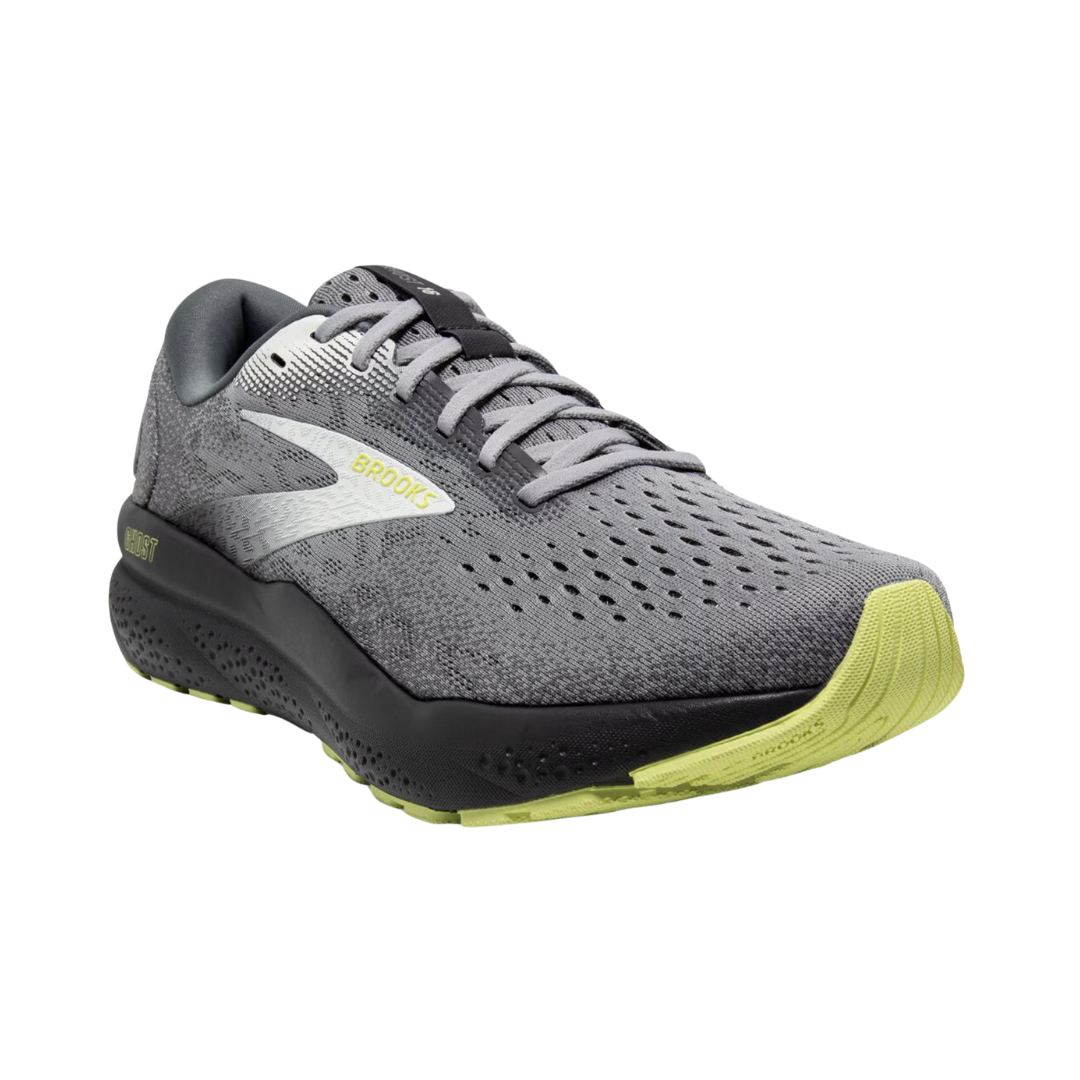 Angled view of Men’s Brooks Ghost 16 running shoe in primer grey and lime – featuring supportive midsole with soft cushioning, breathable mesh panels for ventilation, and sleek design optimized for running efficiency.