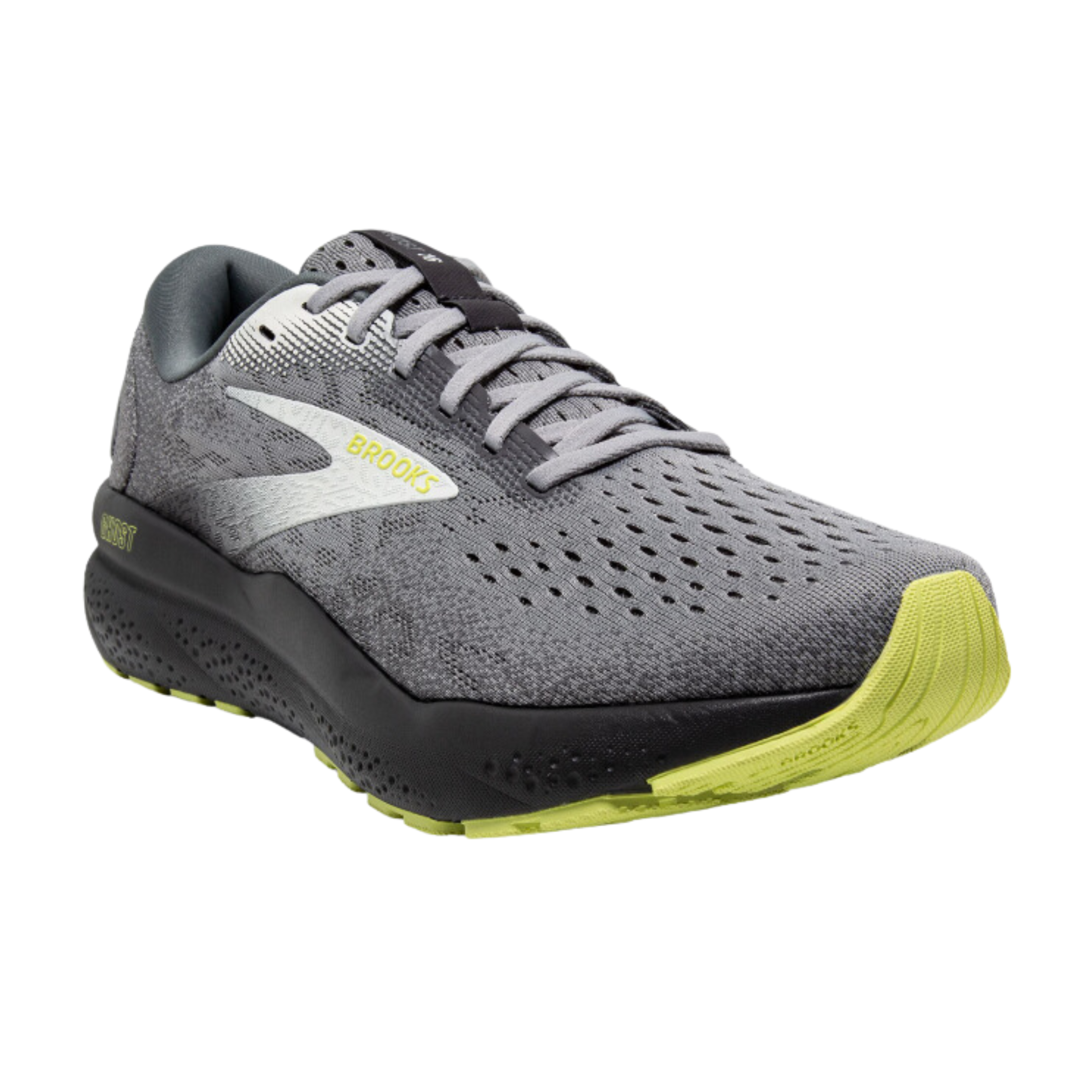 Angled view of Men’s Brooks Ghost 16 athletic shoe in grey, black, and light green – featuring DNA Loft cushioning, breathable mesh upper, and segmented crash pad for smooth transitions.