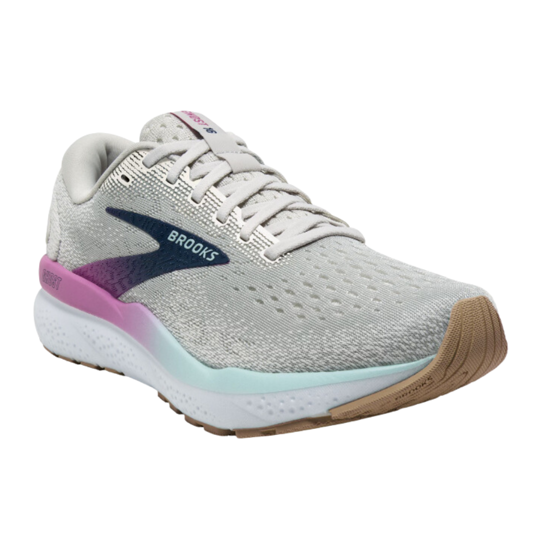 Angled view of Women’s Brooks Ghost 16 athletic shoe in grey, pink, light blue, and white – featuring plush cushioning for comfort, breathable mesh upper, and durable outsole.