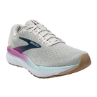 Angled view of Women’s Brooks Ghost 16 athletic shoe in grey, pink, light blue, and white – featuring plush cushioning for comfort, breathable mesh upper, and durable outsole.