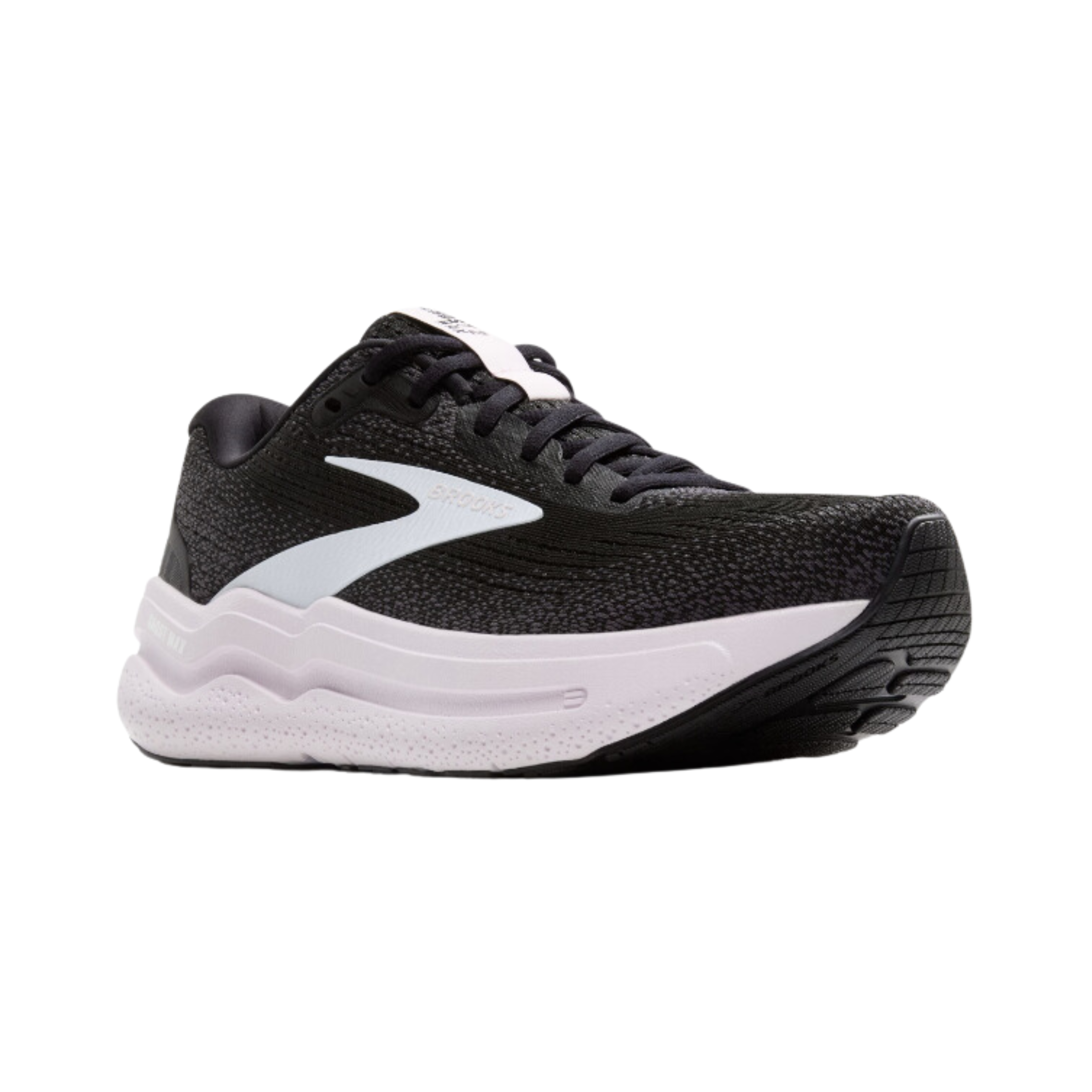 Side view of Women’s Brooks Ghost Max 2 athletic shoe in black, white, and light pink – highlighting lightweight mesh upper, plush cushioning with DNA Loft foam, secure lace-up closure, and segmented crash pad outsole to enhance gait efficiency and comfort.