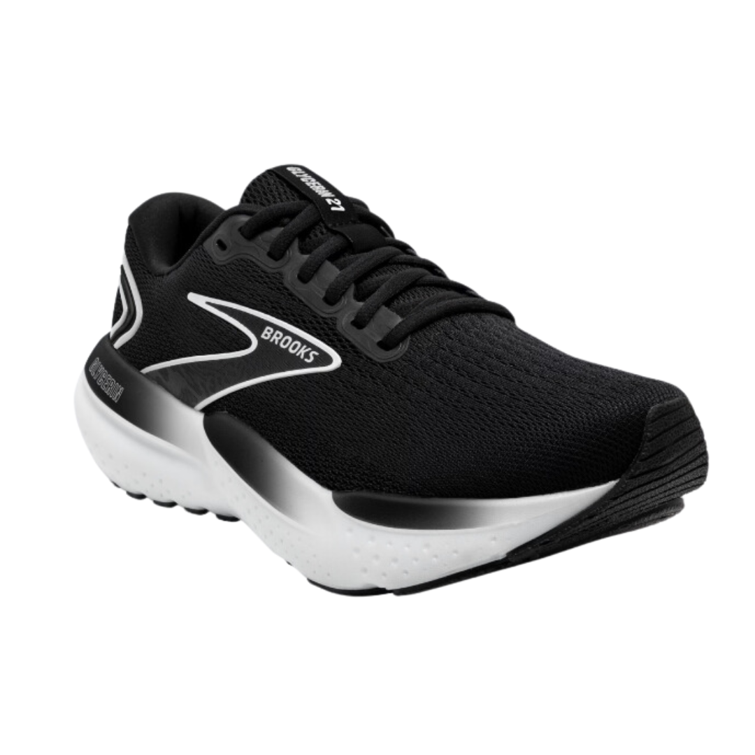 Angled view of Brooks Glycerin 21 athletic shoe in black, grey, and white – featuring adaptive DNA Loft cushioning, breathable mesh upper, and stable outsole for smooth transitions.