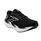 Angled view of Brooks Glycerin 21 athletic shoe in black, grey, and white – featuring adaptive DNA Loft cushioning, breathable mesh upper, and stable outsole for smooth transitions.