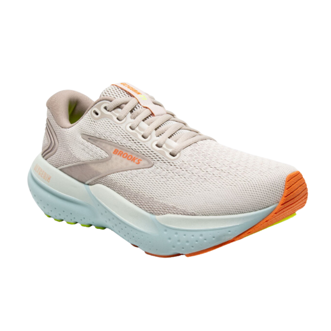 Angled view of Women’s Brooks Glycerin 21 in tan, orange, and light blue – featuring cushioned midsole, breathable mesh upper, and durable outsole for reliable traction.