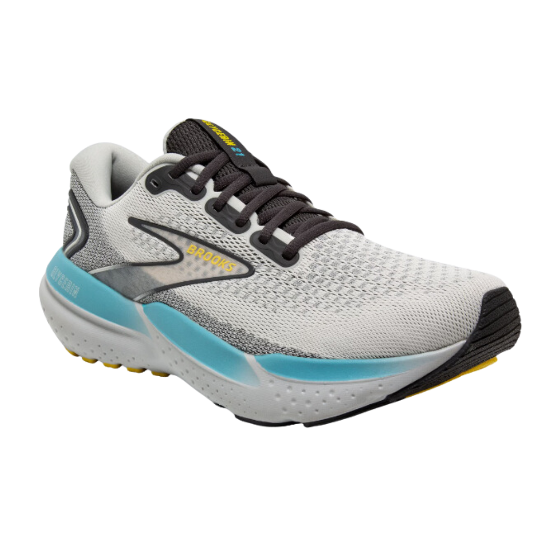 Angled view of Men’s Brooks Glycerin 21 athletic shoe in grey, black, yellow, and light blue – featuring plush DNA Loft cushioning, breathable mesh upper, and stable outsole.