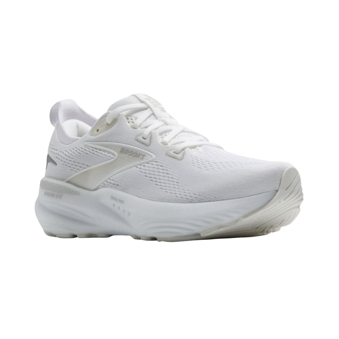 Side view of Women’s Brooks Glycerin GTS 22 running shoe in white, white, and grey – featuring engineered mesh upper for breathability, GuideRails support system to stabilize the foot and reduce excess movement, and DNA LOFT cushioning for plush, adaptive ride.