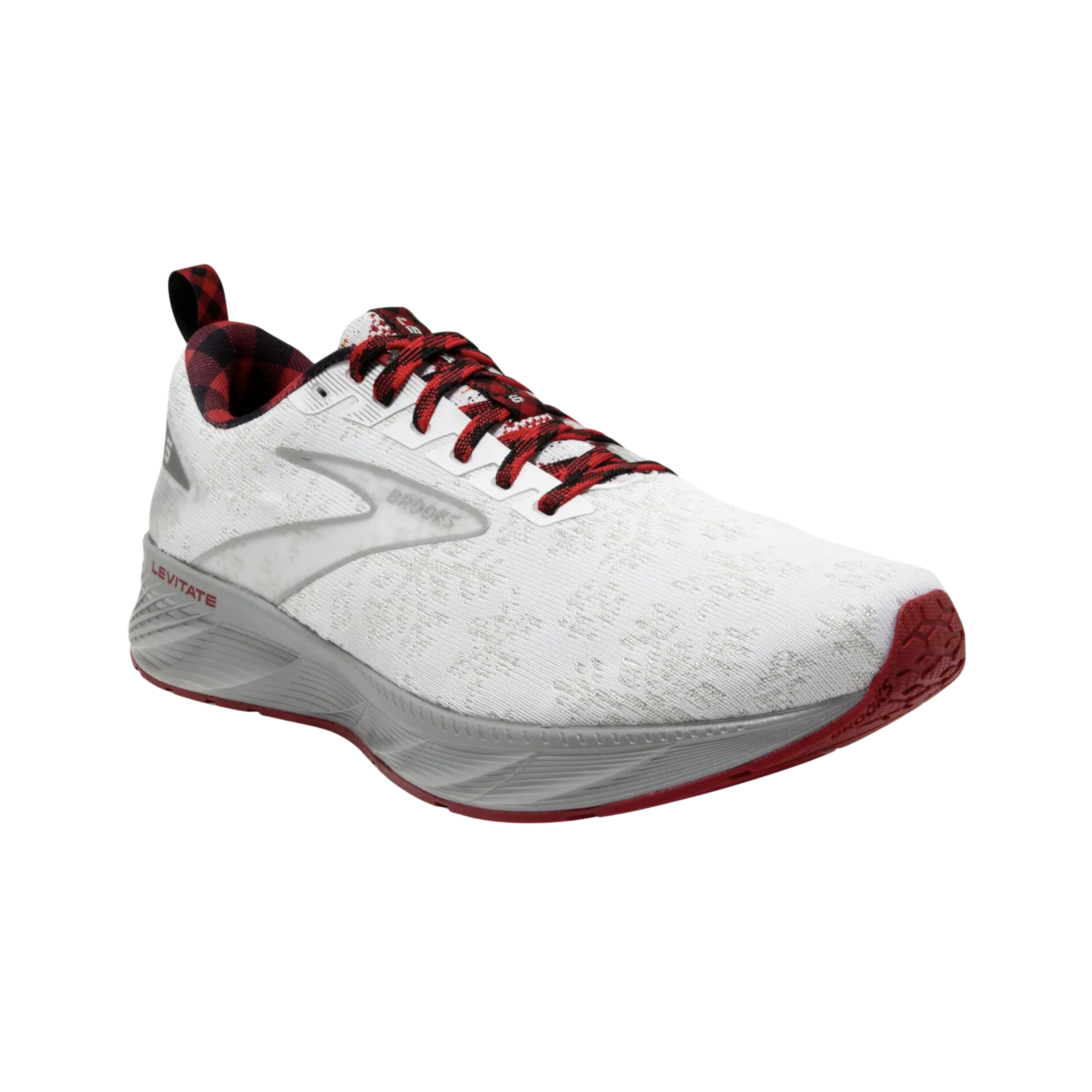 Angled view of Men’s Brooks Levitate 6 athletic shoe in white, red, and silver – featuring DNA AMP midsole cushioning, engineered mesh upper, and sleek design for a responsive running experience.