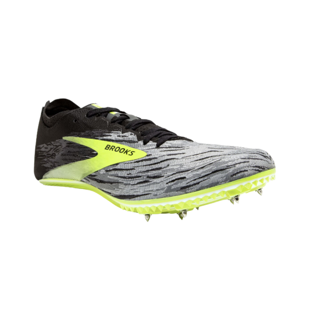 Side view of Unisex Brooks QW-K v4 track spike in black, light green, and grey – featuring durable synthetic upper, spike plate designed for optimal grip on track surfaces, lightweight cushioning, and adjustable lace closure for a precise fit.