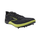 Side view of Unisex Brooks Wire 7 track spike in black and yellow – showcasing lightweight synthetic upper, durable spike plate for traction on track surfaces, and secure lace-up closure for optimal fit during sprints.