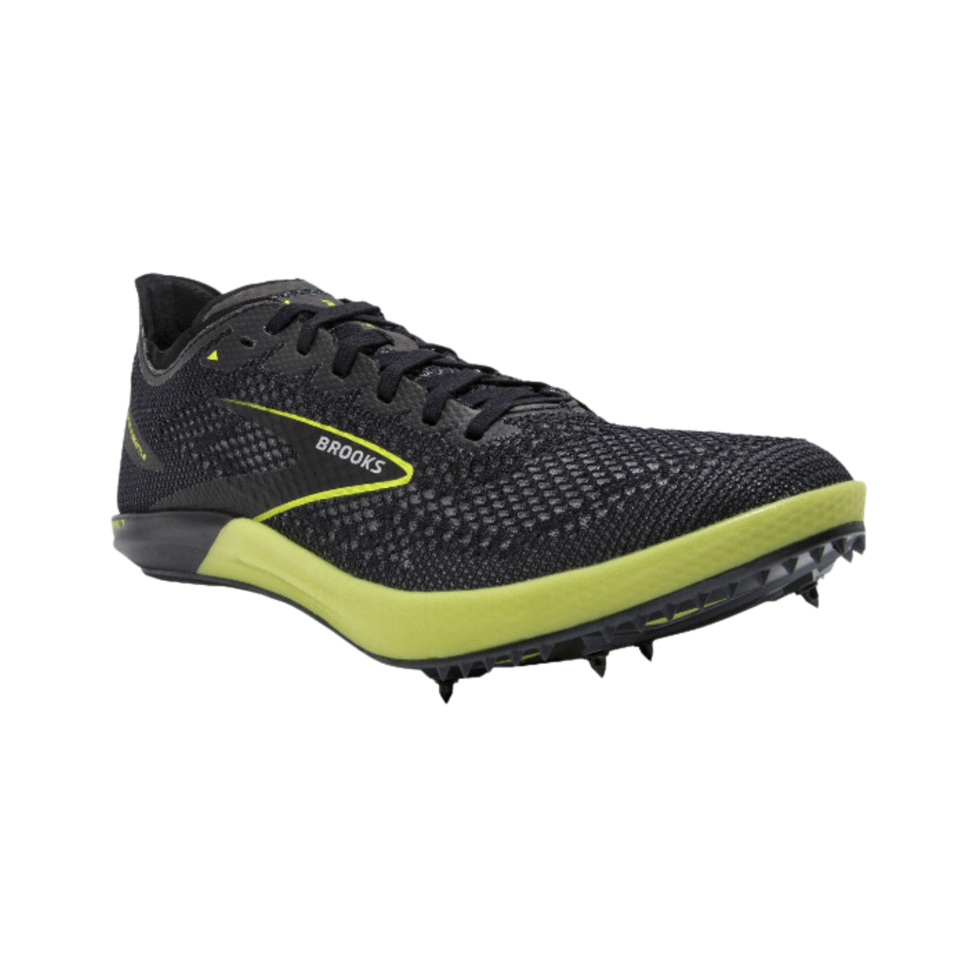 Side view of Unisex Brooks Wire 7 track spike in black and yellow – showcasing lightweight synthetic upper, durable spike plate for traction on track surfaces, and secure lace-up closure for optimal fit during sprints.