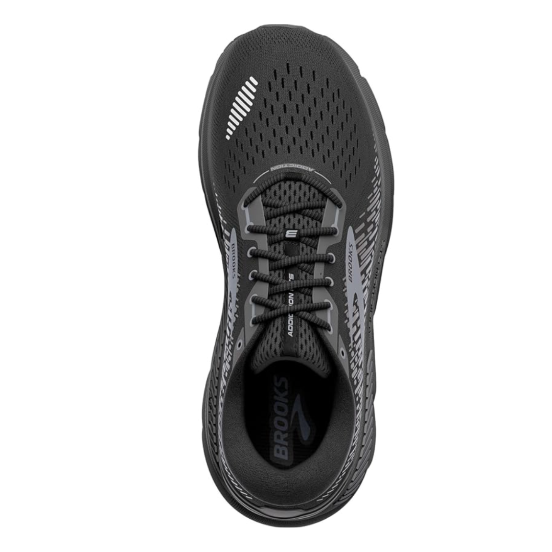 Top view of Men’s Brooks Addiction GTS 15 in Black/Black/Ebony – featuring a breathable engineered mesh upper, traditional lace-up closure, and padded tongue for enhanced comfort.