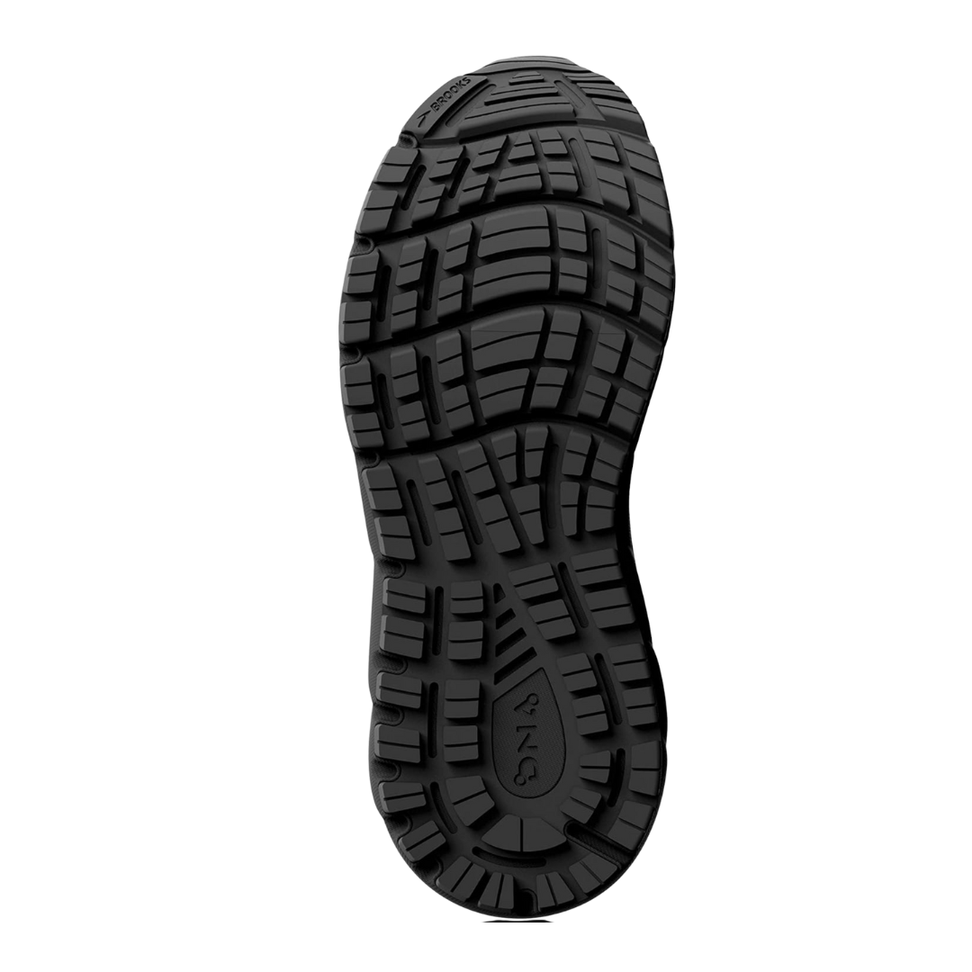 Bottom view of Men’s Brooks Addiction GTS 15 in Black/Black/Ebony – featuring a durable rubber outsole with strategic tread patterns for reliable traction on various surfaces.