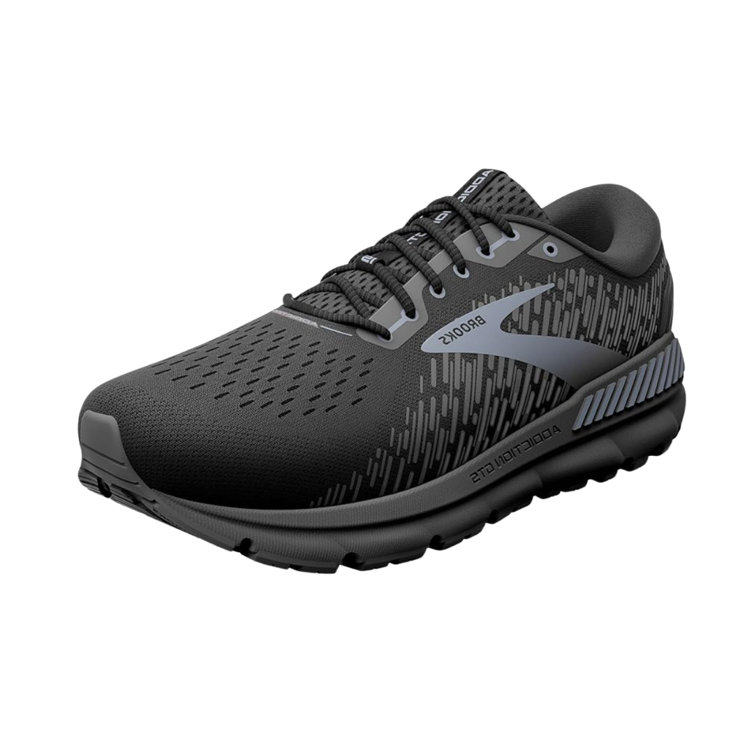 Side view of Men’s Brooks Addiction GTS 15 in Black/Black/Ebony – featuring GuideRails® holistic support system for stability, BioMoGo DNA cushioning for responsive comfort, and a sleek design for modern aesthetics.