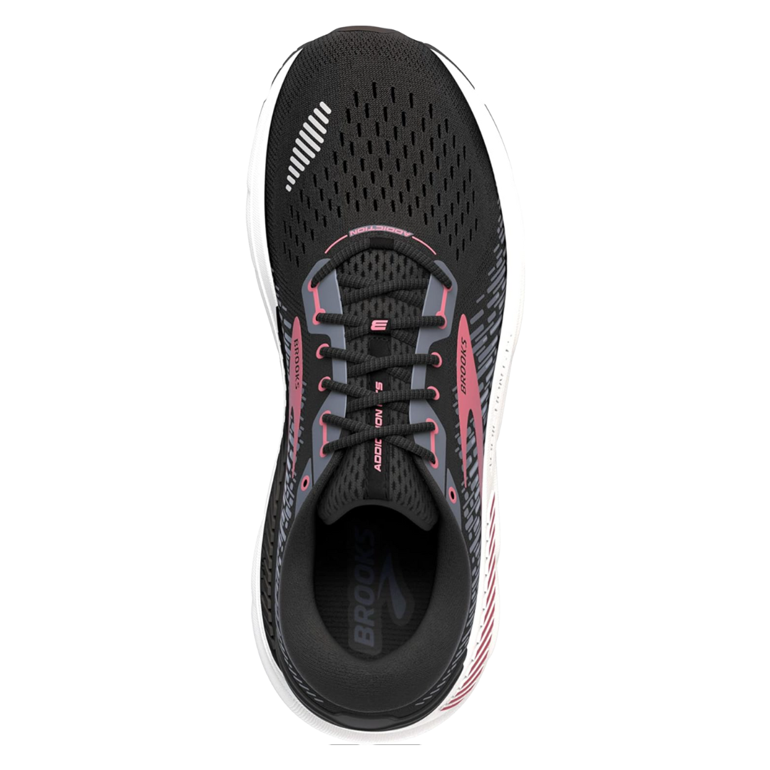 Top view of Women’s Brooks Addiction GTS 15 in Black/Ebony/Mauvewood – featuring a breathable engineered mesh upper, traditional lace-up closure, and padded tongue for enhanced comfort.