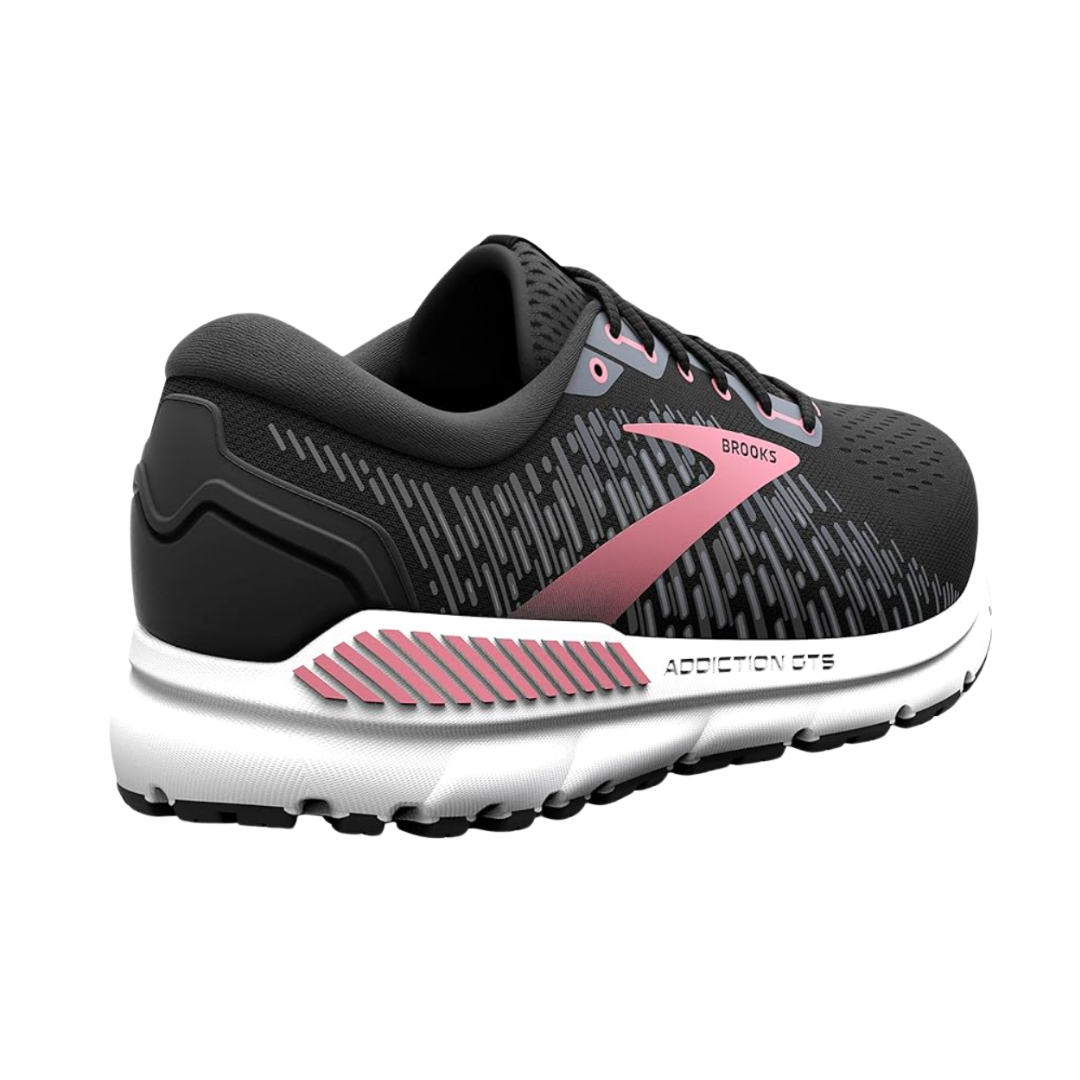 Angled view of Women’s Brooks Addiction GTS 15 in Black/Ebony/Mauvewood – featuring lightweight construction, supportive cushioning, and durable outsole suitable for running activities.