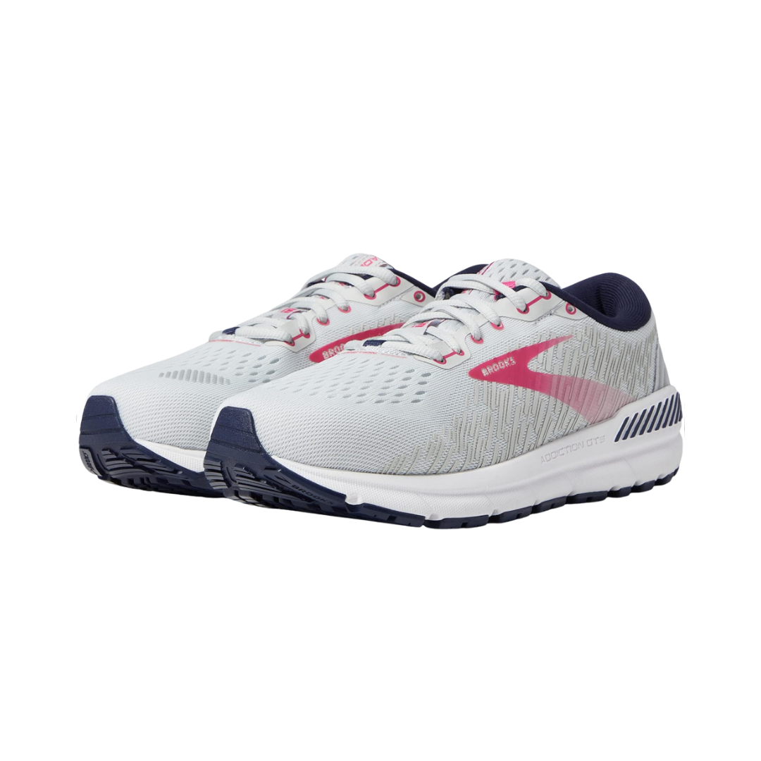 Side view of Women’s Brooks Addiction GTS 15 in Oyster/Peacoat/Lilac Rose – featuring GuideRails® holistic support system for stability, BioMoGo DNA cushioning for responsive comfort, and a sleek design for modern aesthetics.