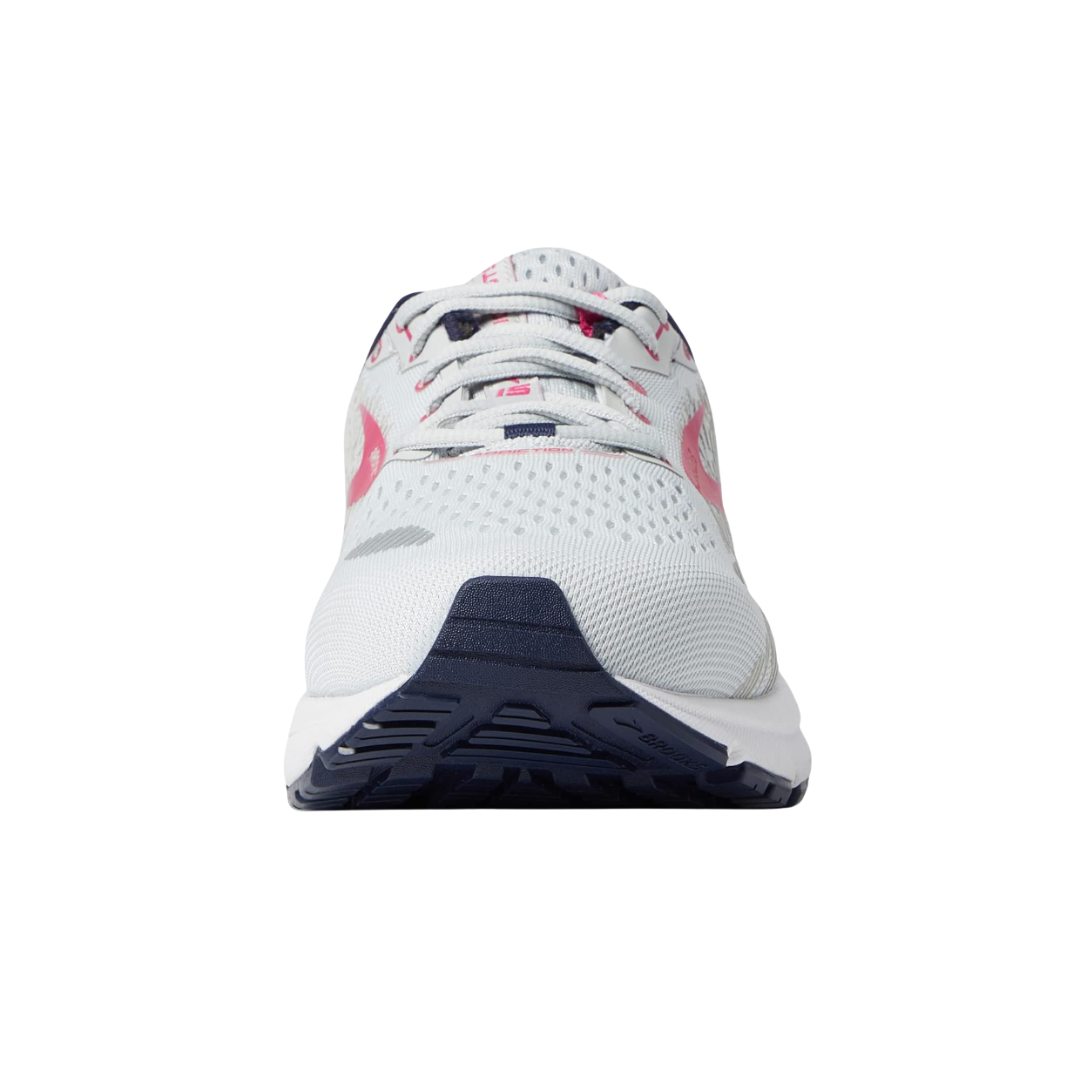 Front view of Women’s Brooks Addiction GTS 15 in Oyster/Peacoat/Lilac Rose – featuring a breathable mesh forefoot, lace-up closure, and streamlined toe box for a comfortable fit.