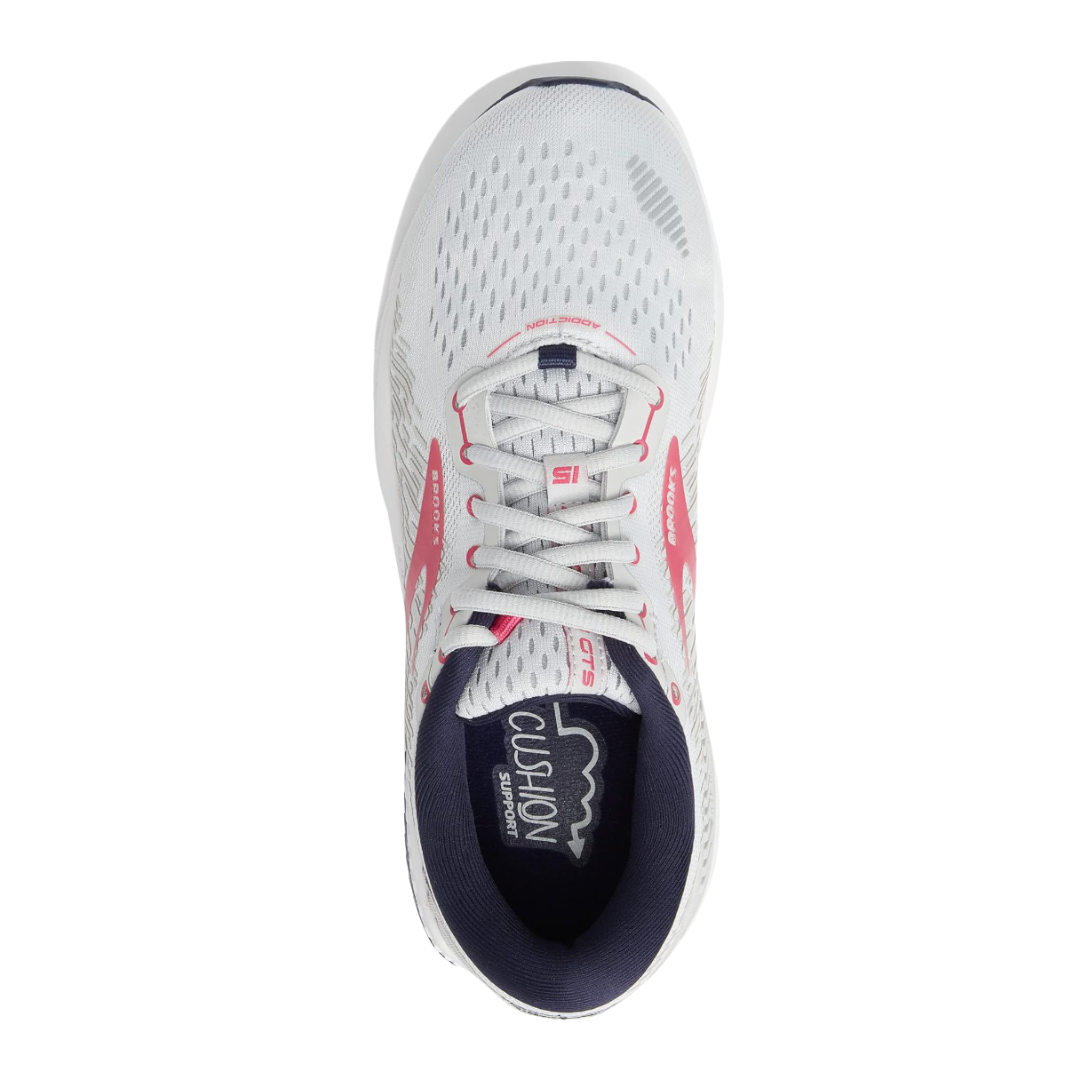 Top view of Women’s Brooks Addiction GTS 15 in Oyster/Peacoat/Lilac Rose – featuring a breathable engineered mesh upper, traditional lace-up closure, and padded tongue for enhanced comfort.