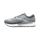 Side view of Women’s Brooks Addiction GTS 15 running shoe in grey, navy, and aqua – featuring engineered mesh upper for breathability, GuideRails support system for stability, and BioMoGo DNA midsole for adaptive cushioning.