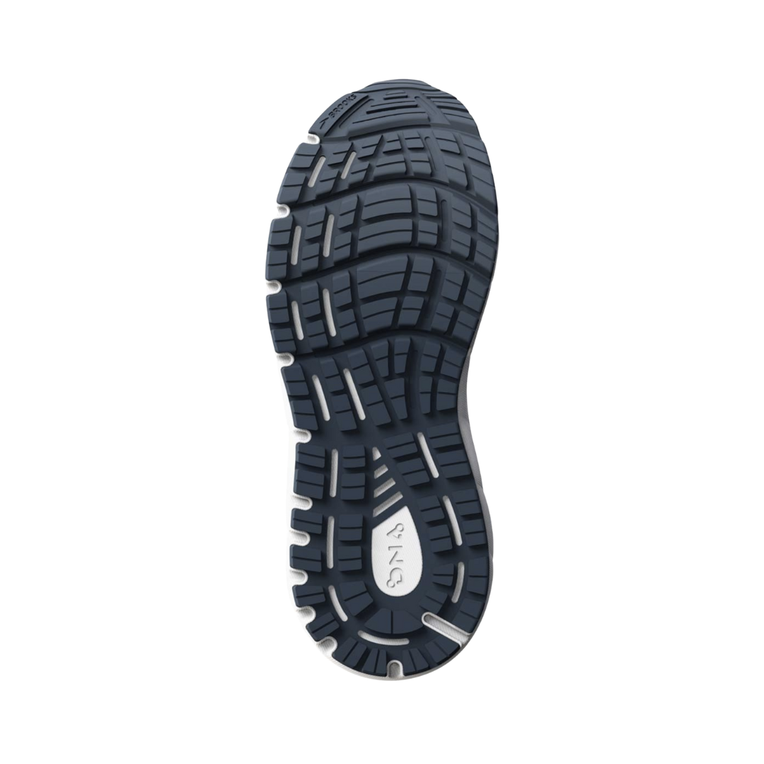 Bottom view of Women’s Brooks Addiction GTS 15 running shoe in grey, navy, and aqua – featuring durable rubber outsole with segmented crash pad for smooth heel-to-toe transition, and flex grooves for natural foot movement.