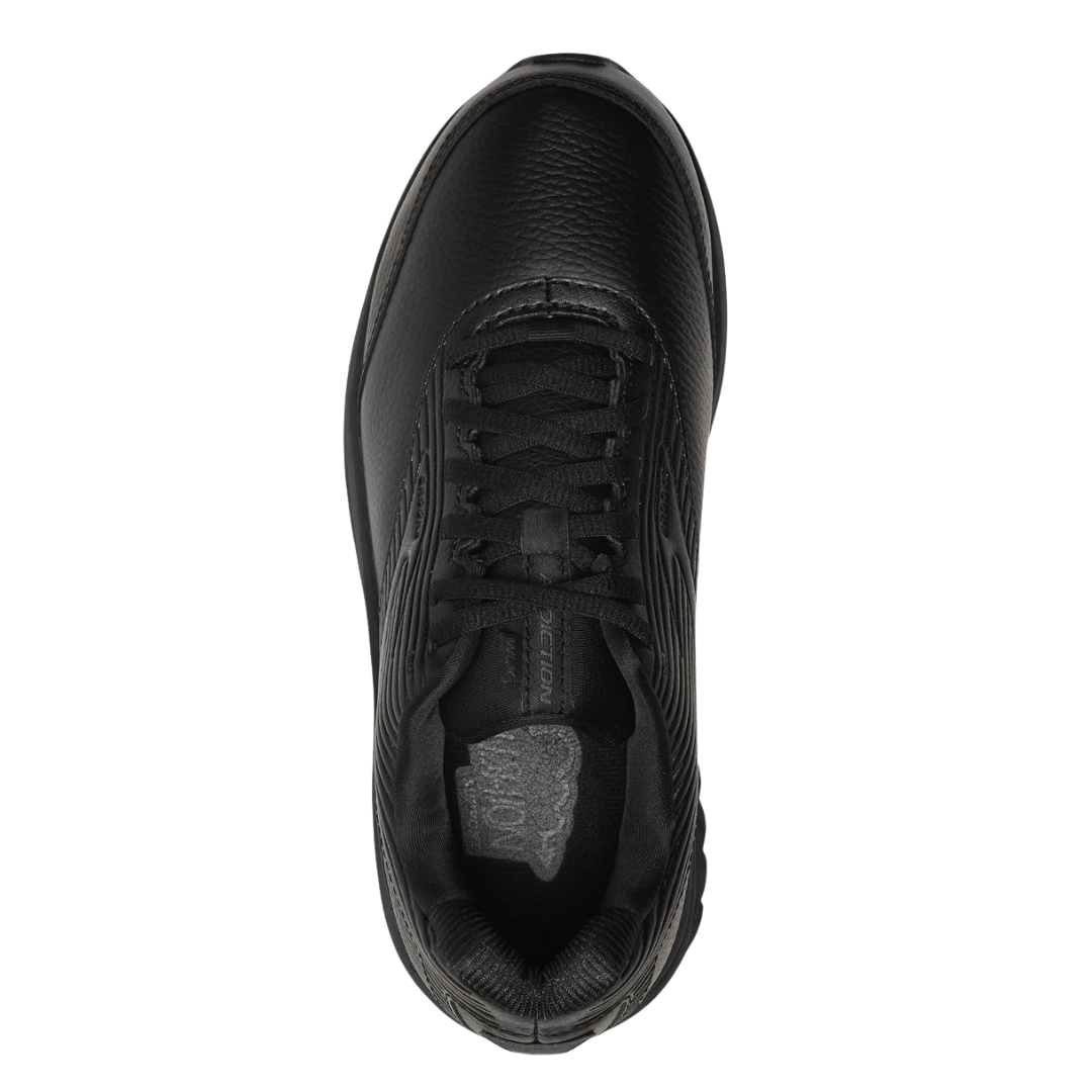 Top View of Men’s Brooks Addiction Walker 2 walking shoe in black black – featuring a full-grain leather upper with padded collar, lace-up closure for secure fit, and spacious toe box for all-day comfort.