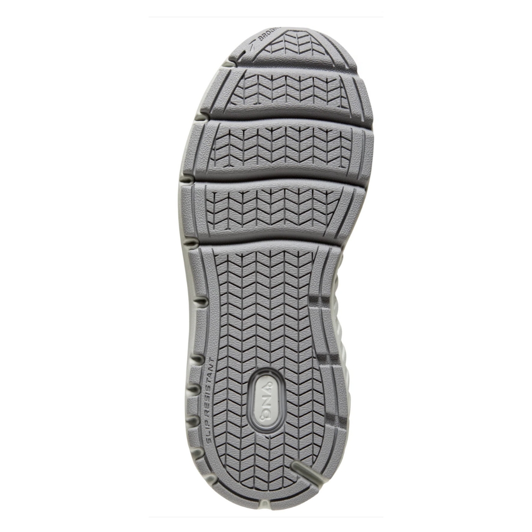 Bottom view of Women’s Brooks Addiction Walker Suede in Shark/Alloy/Oyster – featuring a certified slip-resistant rubber outsole with strategic tread patterns for reliable traction on various surfaces.