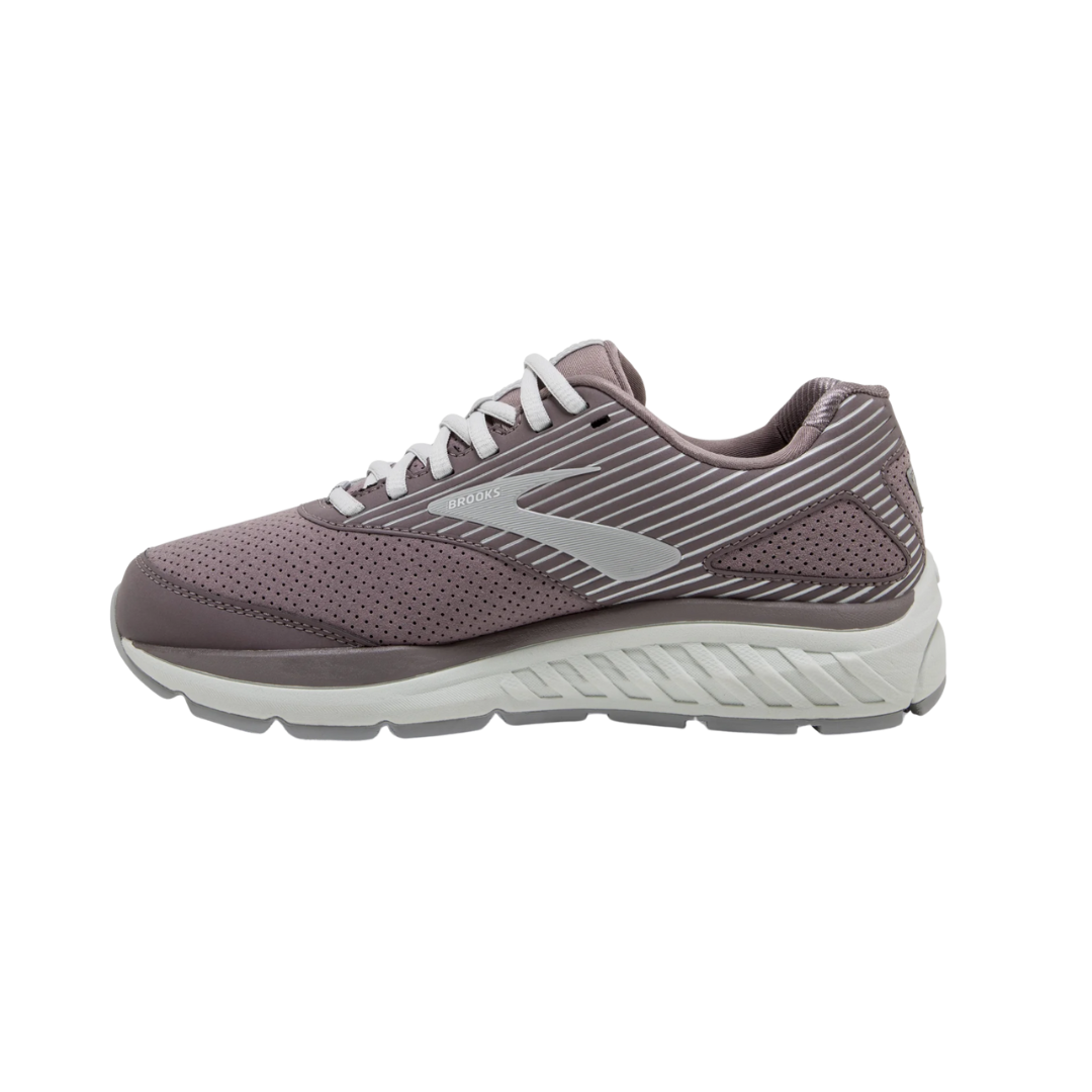 Side view of Women’s Brooks Addiction Walker Suede in Shark/Alloy/Oyster – featuring Extended Progressive Diagonal Rollbar (PDRB) for maximum support, BioMoGo DNA cushioning for responsive comfort, and a sleek design for modern aesthetics.