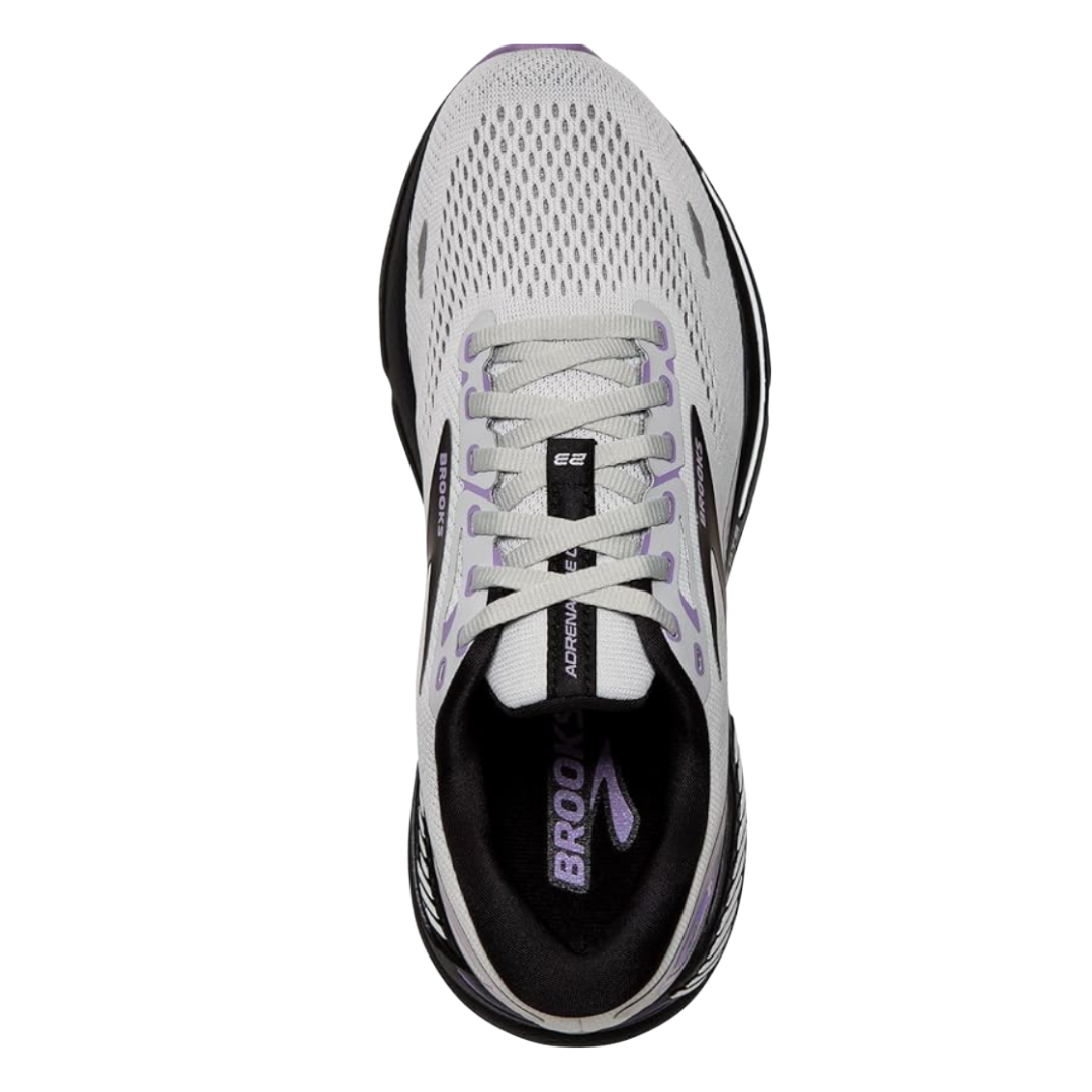 Top view of Women’s Brooks Adrenaline GTS 23 in Grey/Black/Purple – featuring a breathable engineered mesh upper, traditional lace-up closure, and padded tongue for enhanced comfort.