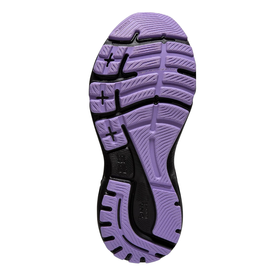 Bottom view of Women’s Brooks Adrenaline GTS 23 in Grey/Black/Purple – featuring a durable rubber outsole with strategic tread patterns for reliable traction on various surfaces.