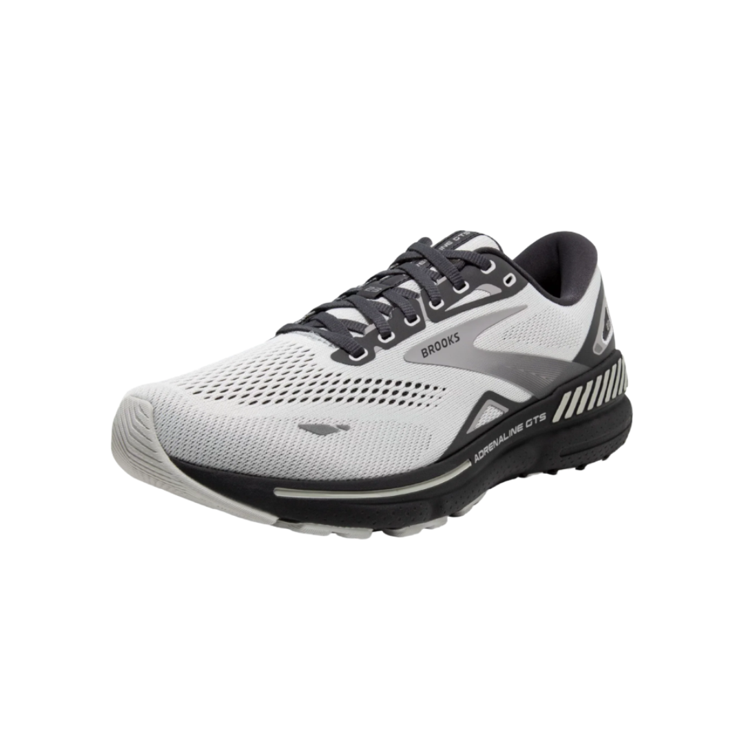 Angled view of Men’s Brooks Adrenaline GTS 23 running shoe – featuring a balanced design ideal for overpronators, plush cushioning, and lightweight support for everyday comfort.