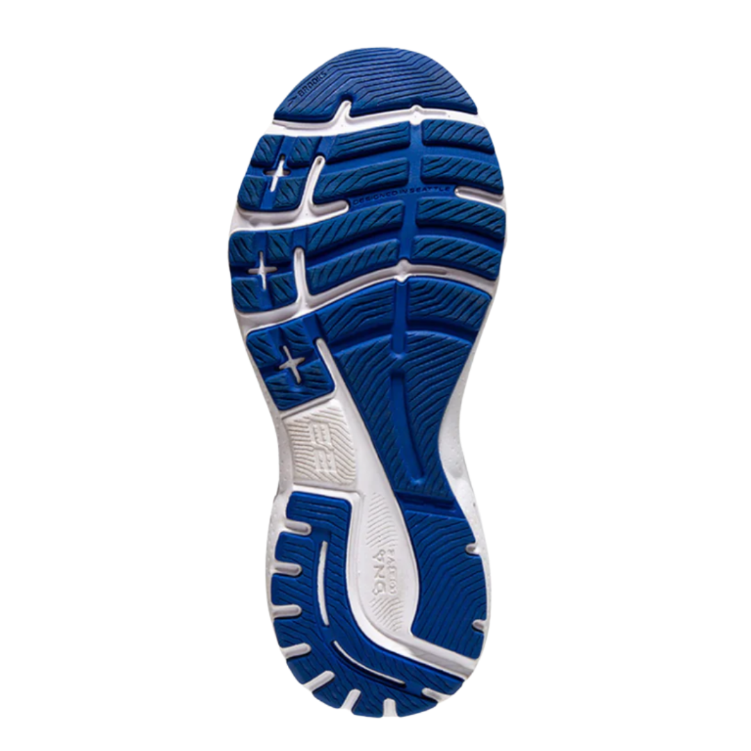 Bottom View of Women’s Brooks Adrenaline GTS 23 running shoe in surf white tango – featuring a durable rubber outsole with segmented crash pad, flex grooves for smooth transitions, and textured tread for reliable traction.