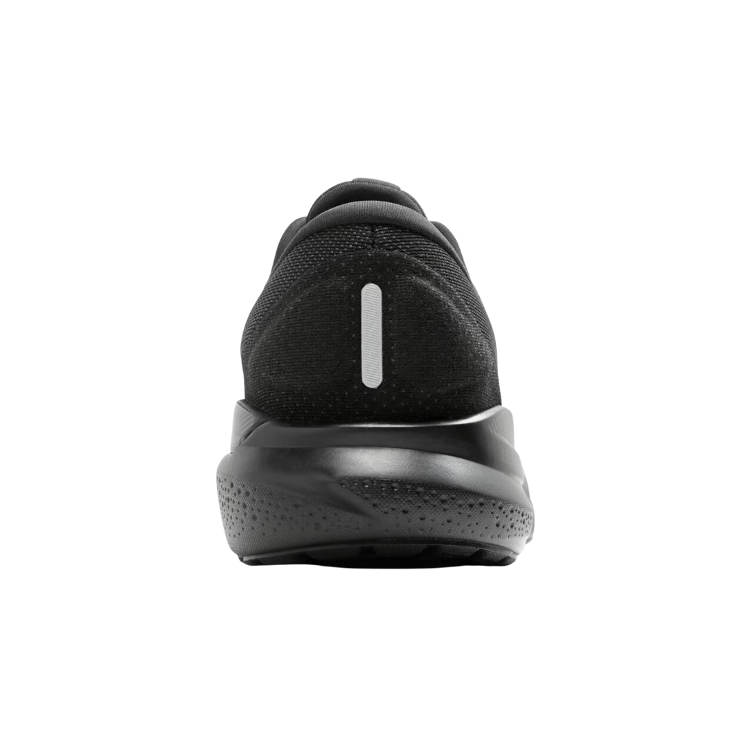 Back view of Men’s Brooks Adrenaline GTS 24 running shoe in black, black, and ebony – featuring molded heel counter for rearfoot stability, pull tab for easy on and off, and subtle branding details.