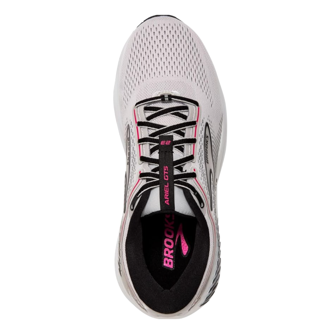 Top View of Women’s Brooks Ariel GTS 23 in grey/black/pink – featuring a breathable engineered mesh upper, secure lace-up design, and nitrogen-infused DNA LOFT v3 cushioning for soft, responsive comfort.