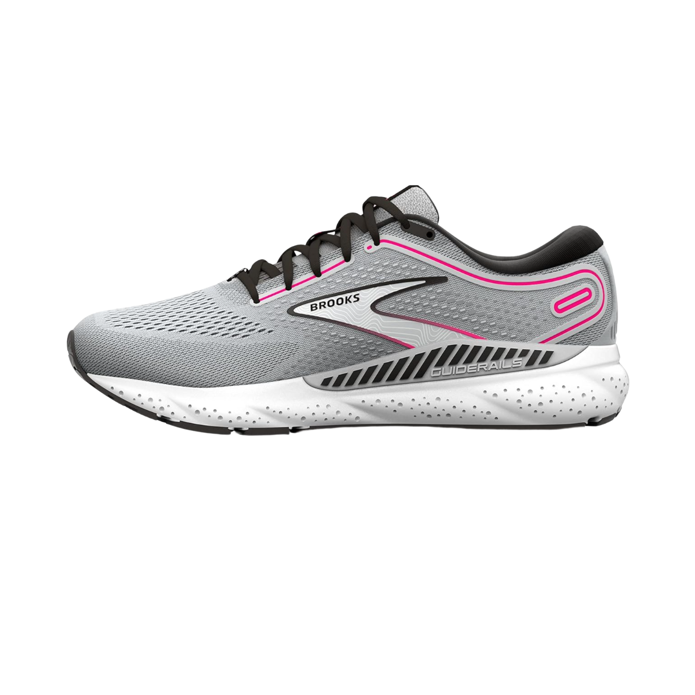 Side View of Women’s Brooks Ariel GTS 23 in grey/black/pink – showcasing the GuideRails® support system to reduce excess movement, a wide base platform for stability, and plush cushioning for a smooth, secure ride.