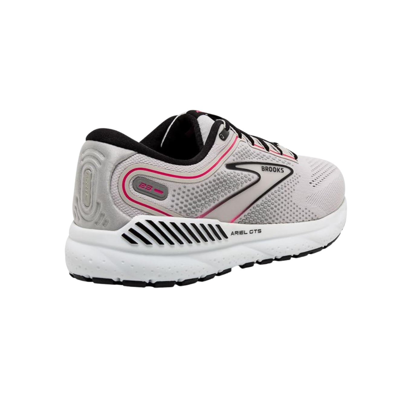 Angled View of Women’s Brooks Ariel GTS 23 in grey/black/pink – showing the supportive GuideRails® system, cushioned DNA LOFT v3 midsole, and secure, structured fit for long-lasting comfort and stability.