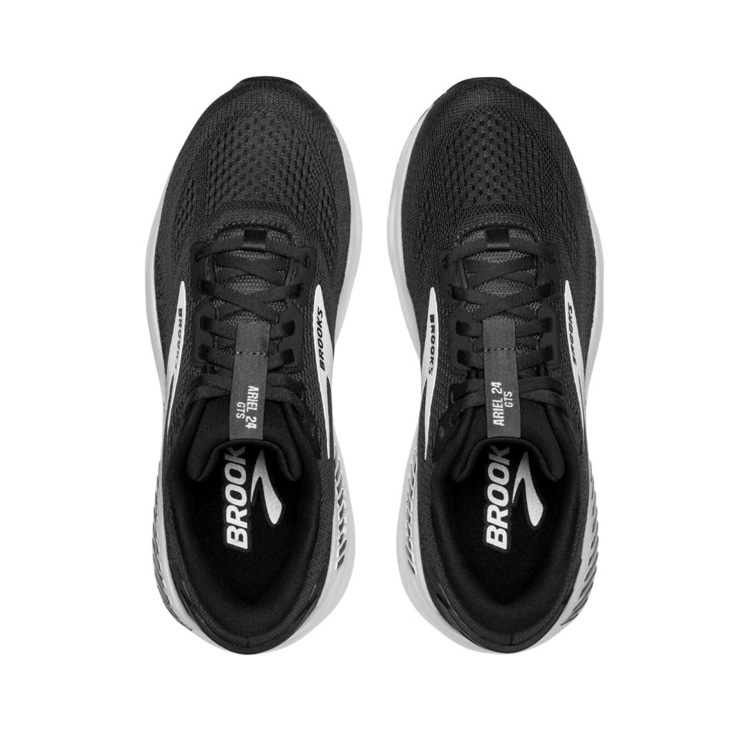 Top view of Women’s Brooks Ariel GTS 24 running shoe in ebony, black, and white – featuring padded tongue and collar for comfort, moisture-wicking lining to keep feet dry, and secure lace-up closure for locked-in fit.