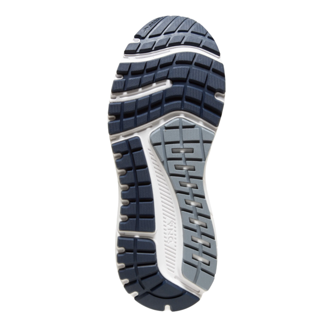 Bottom view of Men’s Brooks Beast 20 running shoe in blue, grey, and peacoat – featuring durable rubber outsole with high-traction lugs and segmented crash pad for smooth heel-to-toe transitions.